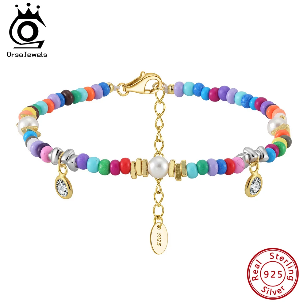 ORSA JEWELS Natural Stone Beads Bracelet with Shell 925 Silver 14k Gold Plated Colorful Jewelry for Women Gift Wholesale PSB08