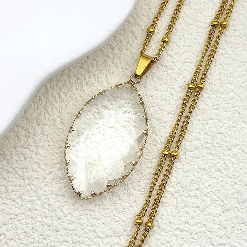 

Olive Shaped Transparent Glass Chain For Women Men Stainless Steel White Clear Female Fashion Pendant Necklace Jewelry Gifts