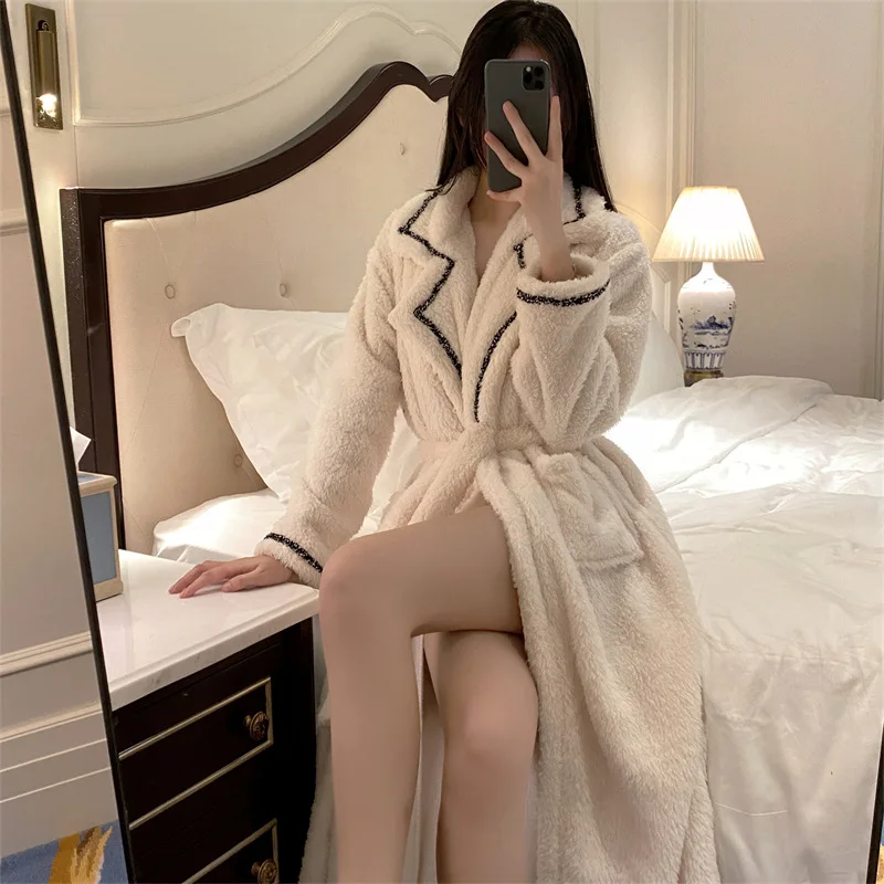 

Thickened Flannel Nightdress Women's Autumn and Winter Nightwear Fashion Lapel Warm Robe Coral Fleece Home Clothes Sexy Bathrobe