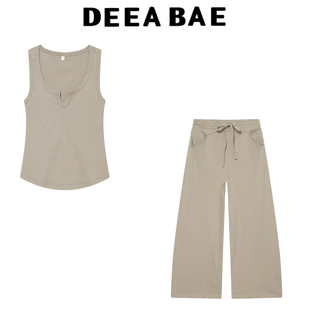 DEEABAE 2026 Summer Women's Sleeveless Round Neck Washed Effect Top Elastic Mid Waist Fleece Pants Set
