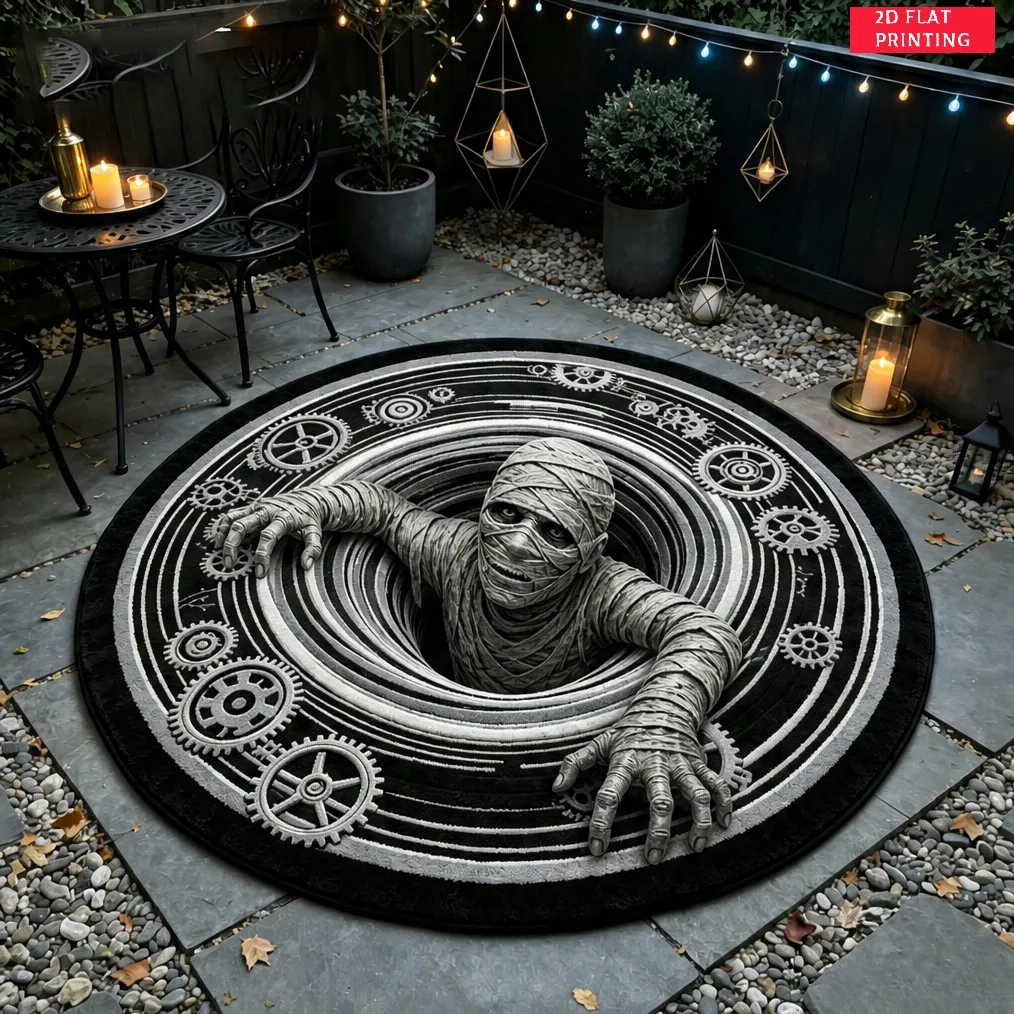 Skeleton Gear Tunnel Visual Illusion Circle Rug Stylish Floor Mat for Household Indoor Patio Halloween Themed Bedroom Carpet