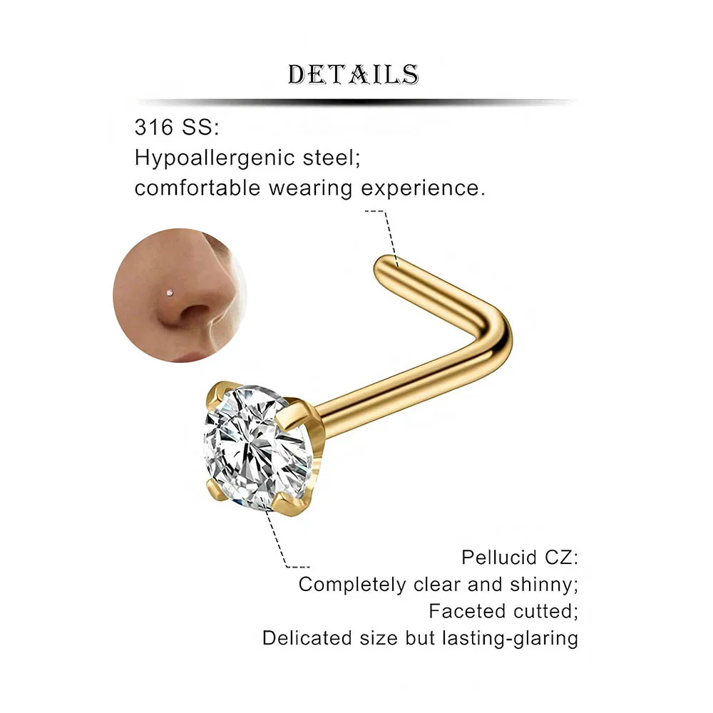 12-Piece Full Set 316L Hypoallergenic L-Shape Nose Studs Multi-Size CZ Diamond Nose Rings 1.5 to 3mm Piercing Posts Women's view 4