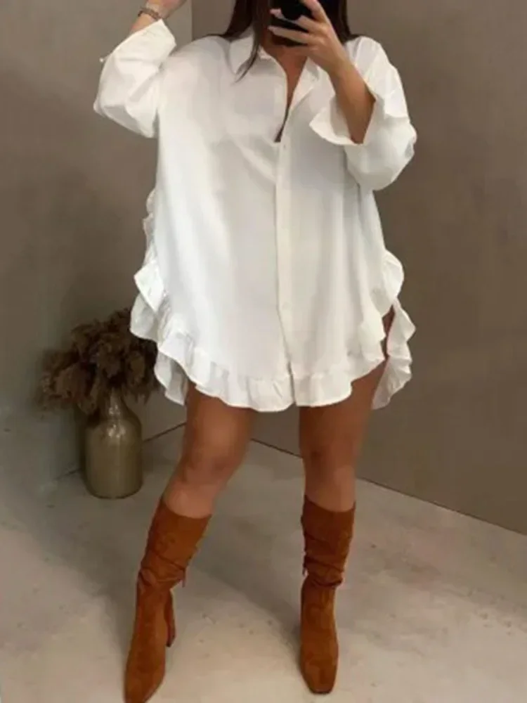 

Jennifer Autumn Women's White Short Dresses 2024 Long Sleeves Loose Falbala Solid Color Split-Joint Split-Side Lapel Blouses