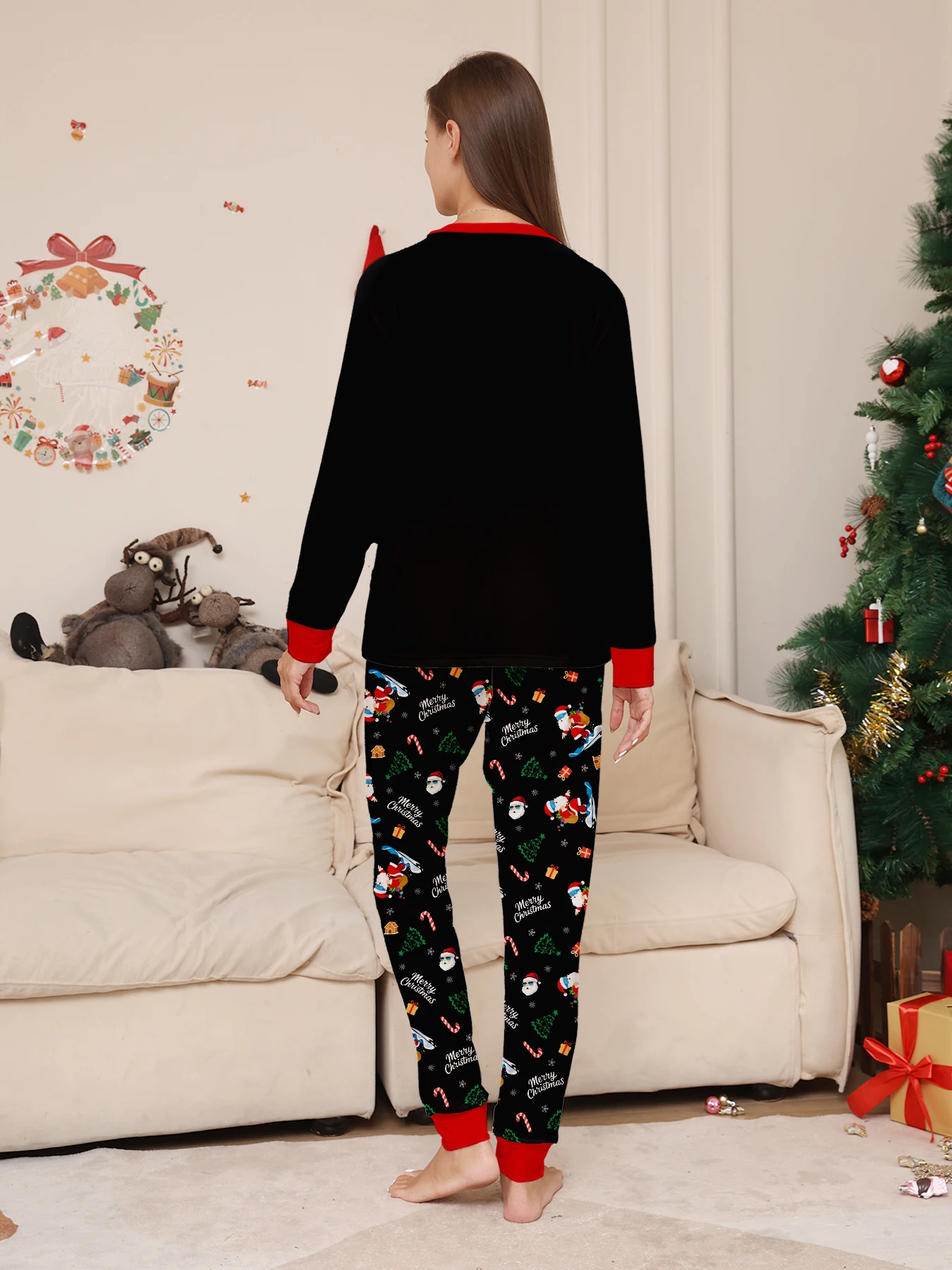 Family Christmas Pajamas Matching Parent-child Sleepwear Black Long Sleeve Santa Ski Print Xmas Gift Men Women Kids