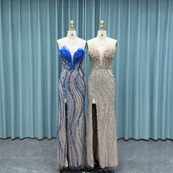 YQLNNE 2025 Unique Long Slit Mermaid Evening Dresses Handmade Beading Tulle Pageant Party Gown Lace-up