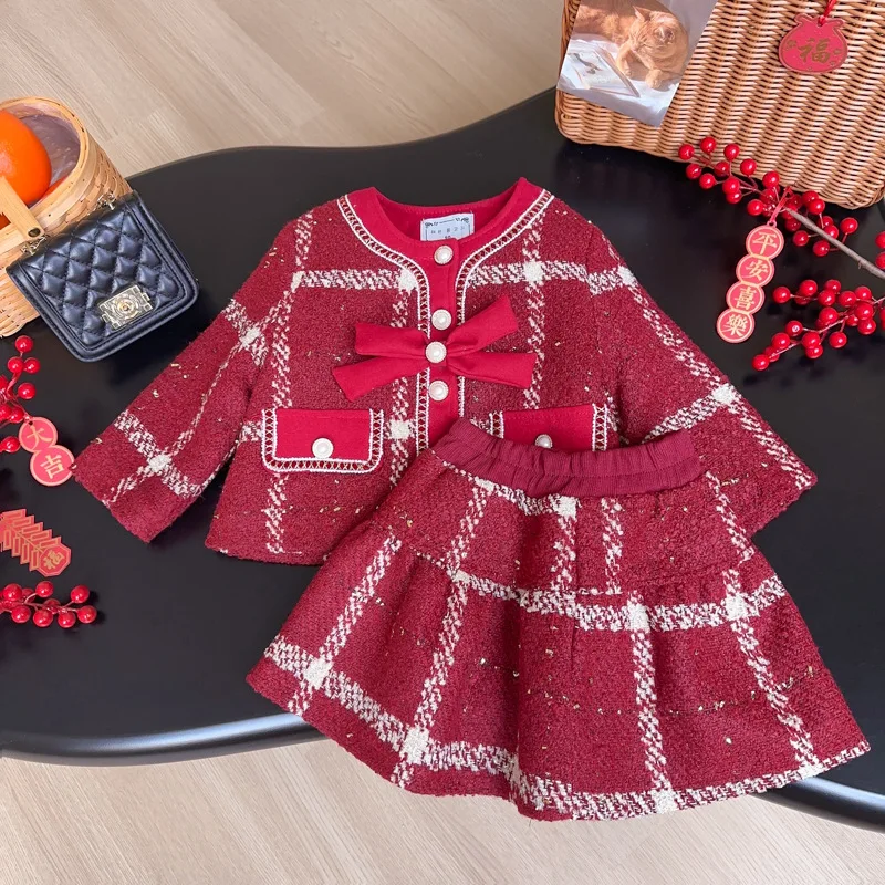 

New Girls' Winter Outfit Fashionable Little Princess Set2025Western-style Jacket and Skirt Two-piece Set