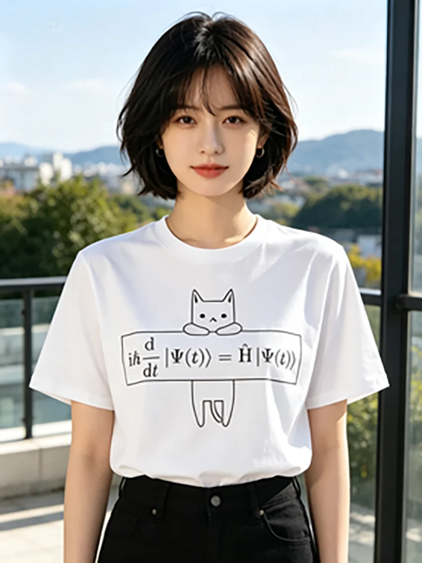 Quantum Mechanics Cat T-shirt Physics Themed Printed Women Tee Comfortable Top Short Sleeve Casual Clothing