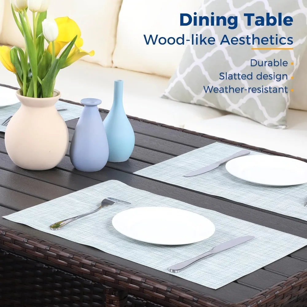 مجموعة أثاث الفناء، أريكة مقطعية لتناول الطعام في الهواء الطلق مع طاولة طعام وكرسي، محادثة من الخيزران لجميع الأحوال الجوية