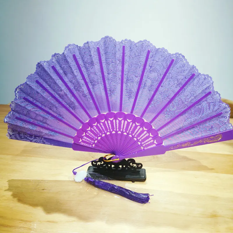 Oriental Aesthetics Purple Folding Fan With Tassels Gold Stamp Chinese Traditional Auspicious Cloud Pattern Hand Fan Accessories