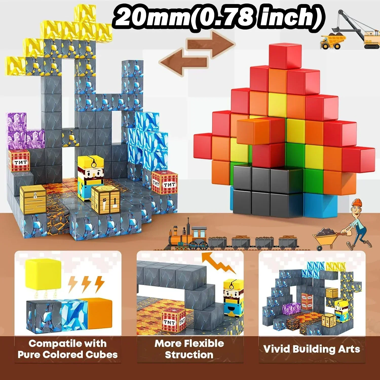 Bloques de construcción magnéticos, cubo magnético, juego del mundo de la mina para niño y niña de 3 años +, modelo DIY, juguete sensorial de tallo para niños, regalo de Navidad