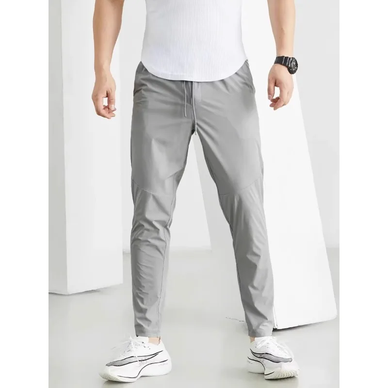 Ice Silk Thin Sports Long Pants Men Slimming Elastic Quick-drying Taping Legs Small Pants Running Zipper Pocket Fitness Pants