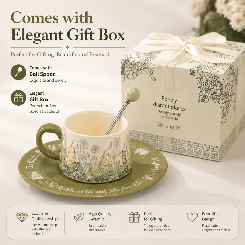 Oil Painting Wind Chimes Flower Four-leaf Clover Ceramic Coffee Cup Saucer Light Luxury High Sense Mug Girls Souvenir