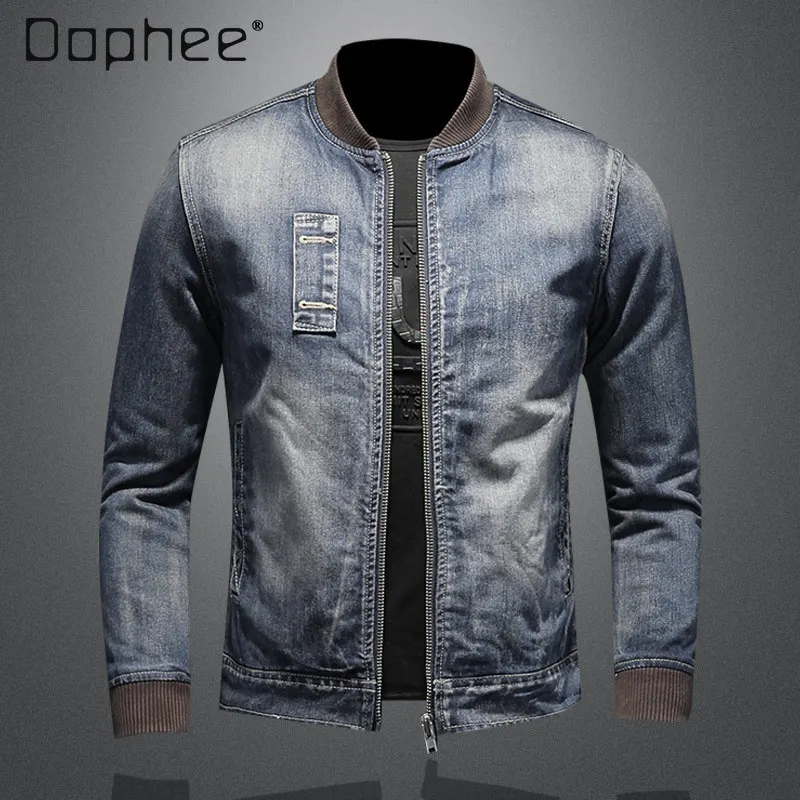 Autumn Winter Commuter Style Men's Loose Casual Simple Baseball Collar Jacket Retro Warm Fleece Thickened Blue Denim Jacket