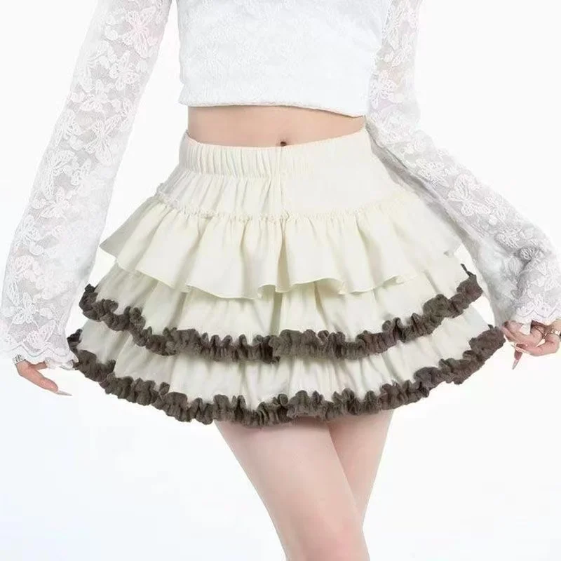 Kawaii Y2k Harajuku Party Casual Women High Waist Skirts Sweet Lolita Princess Puff Skirt Vintage Lace Bow Design