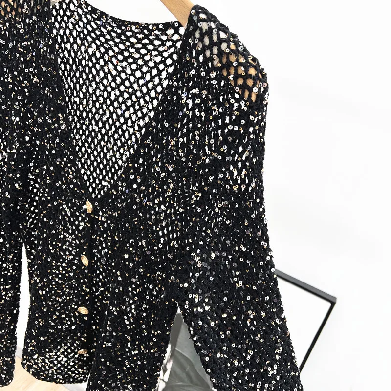 25 Cárdigan de mujer de primavera y verano con cuello en V y manga larga con cuentas de punto de seda hueca