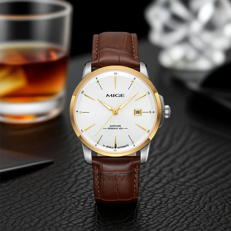 MIGE Original MIYOTA Orologi da uomo Orologio meccanico automatico Orologio da polso con calendario luminoso di lusso impermeabile in acciaio inossidabile