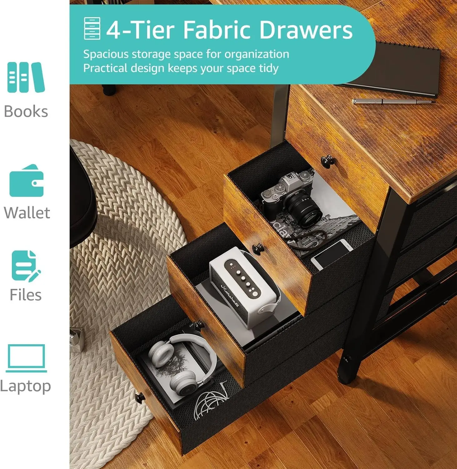 مكتب 47 بوصة مع 4 أدراج ورفوف، مكتب كمبيوتر حديث للطلاب، بني ريفي