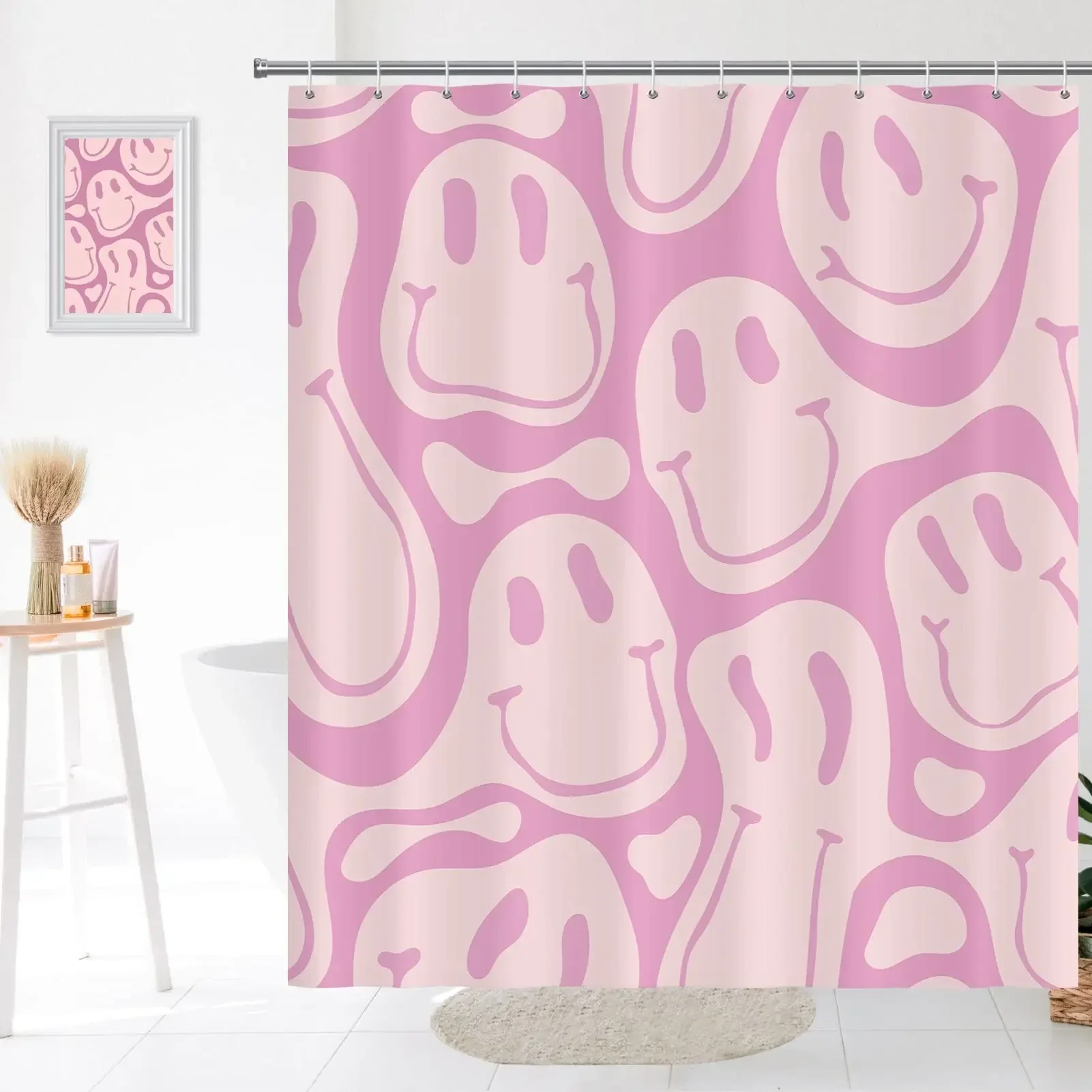 Retro Shower Curtain, 60s 70s Vintage Waterproof Polyester Fabric Bath Curtain Sets, Smile Face Pink Aesthetic Bathroom Curtains