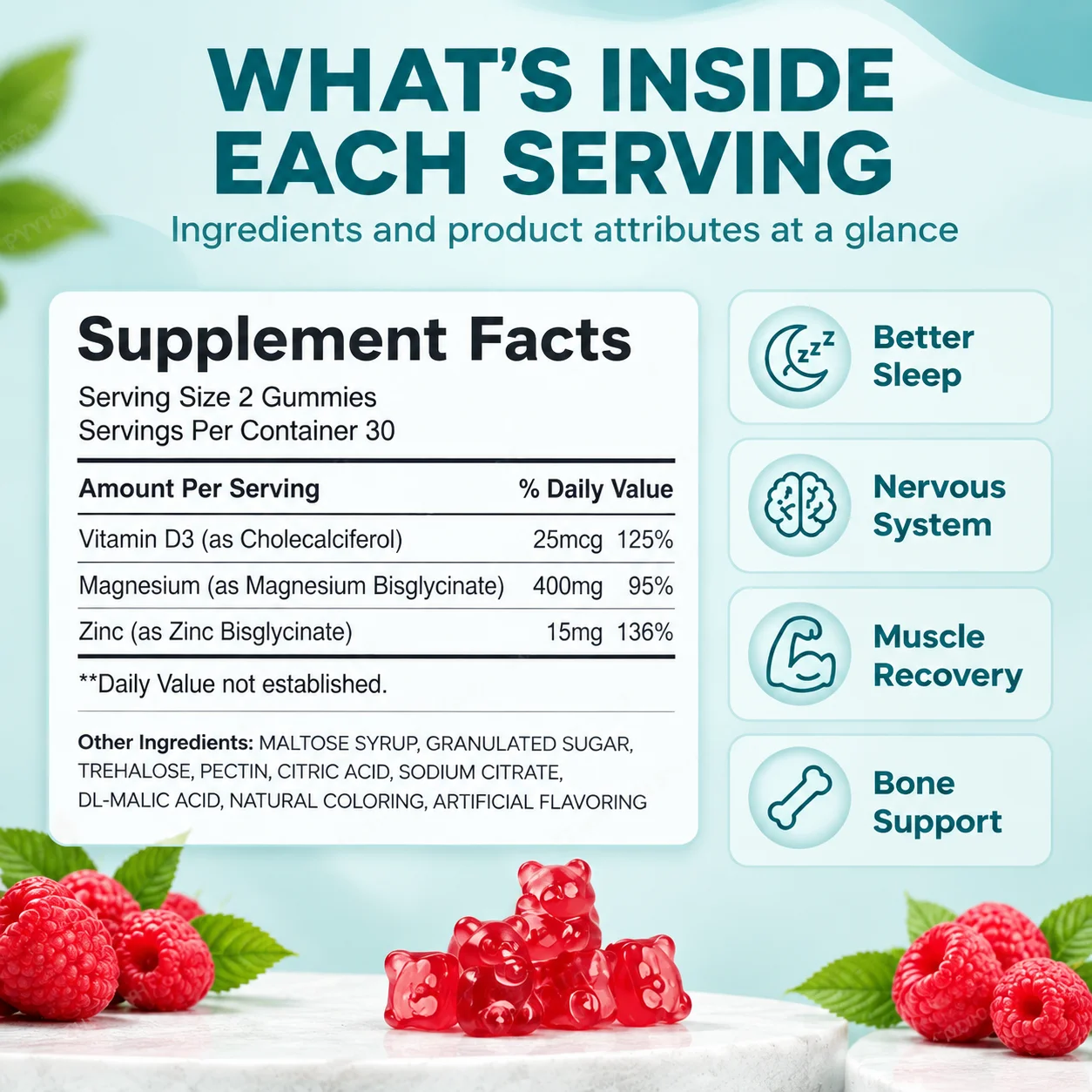 Magnesium Bisglycinate Gummies,Daily Better Sleep,Nervous System,Muscle Recovery,Bone Support,400mg Vitamin D3 Zinc,60 Gummies