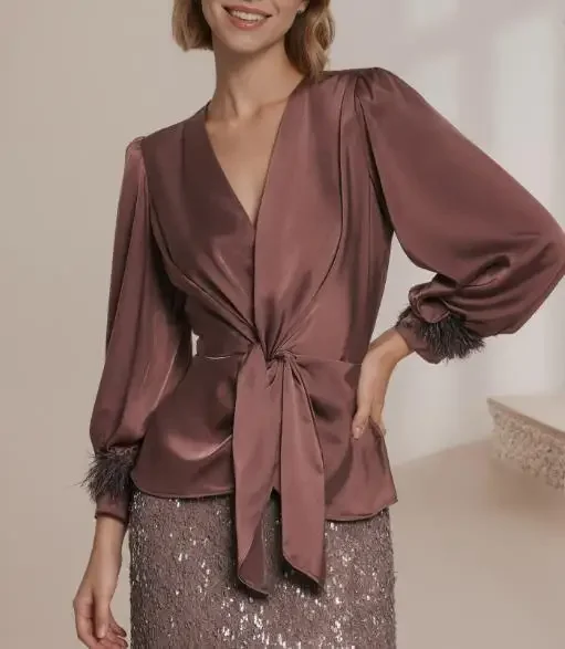 Women Blouses Light Cooked Satin New French Design Strap  Top Strap Waist Cinched Satin Shirt Women's Clothing