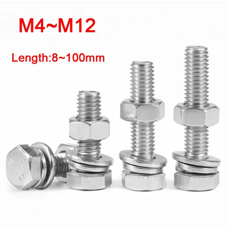 2-20Pcs/set M4M5M6M8M10M12 304 Stainless Steel Hexagon Bolt Screw Gasket And Nut Set Large Full Extension Screw Extemal Hex Bolt