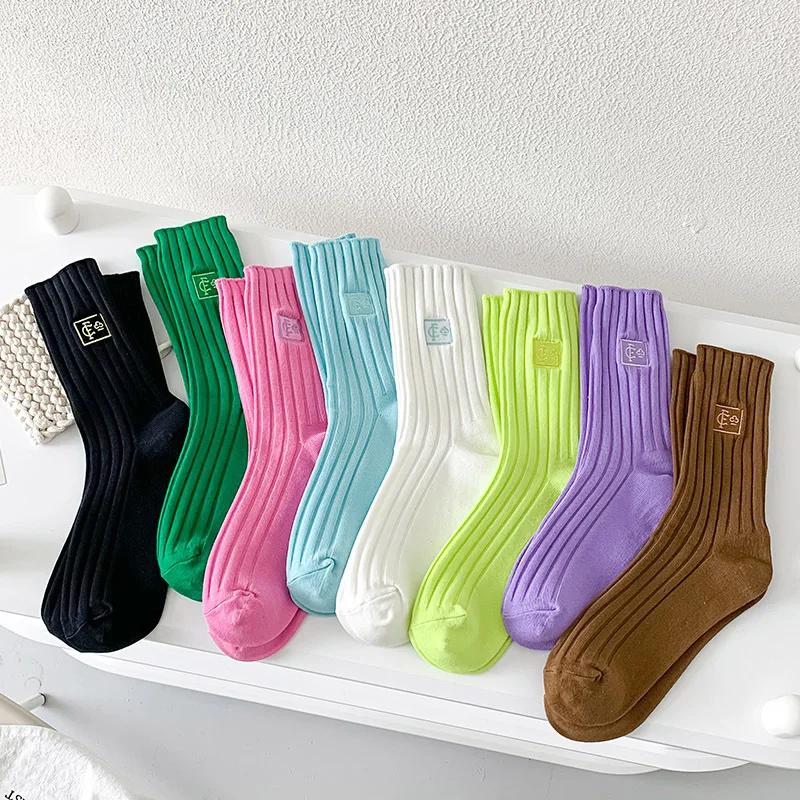 Color Socks Women\'s Cotton Embroidery Double Mid-tube Women Socks Ins Fashion Four Seasons Long Socks Outside Wear Kawaii