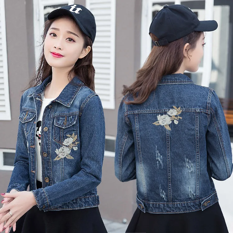 자수 장식 청자켓 여성용 봄 가을 슬림핏 롱 슬리브 칼라 버튼 다운 캐주얼 다용도 데님 자켓