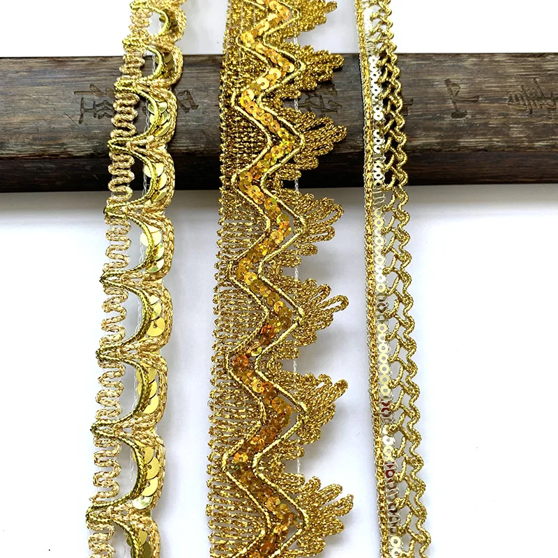 5m/16.4ft Each Pack Gold Sequin Lace Trims Weaving Centipeded Handmade DIY Sewing Dress Curtain Crafts Sequin Thin Ribbons Decor