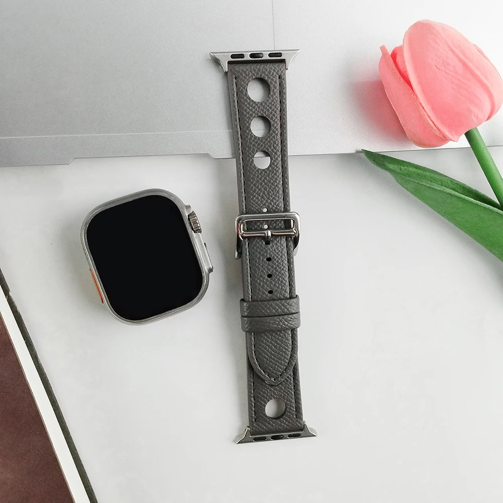 PU Leather Hole Strap for Apple Watch Band 49mm 45 46 41 40 38 42mm Breathable Watchband for iWatch 12/11/10/9/8/7/6/5/SE/Ultra