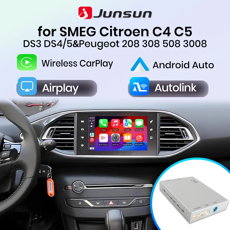 Junsun Wireless Carplay Android Auto Modul für Peugeot Citroen SMEG MRN Picasso C4 C5 DS4 DS3 308 508 208 3008 Hinten Kamera Navi