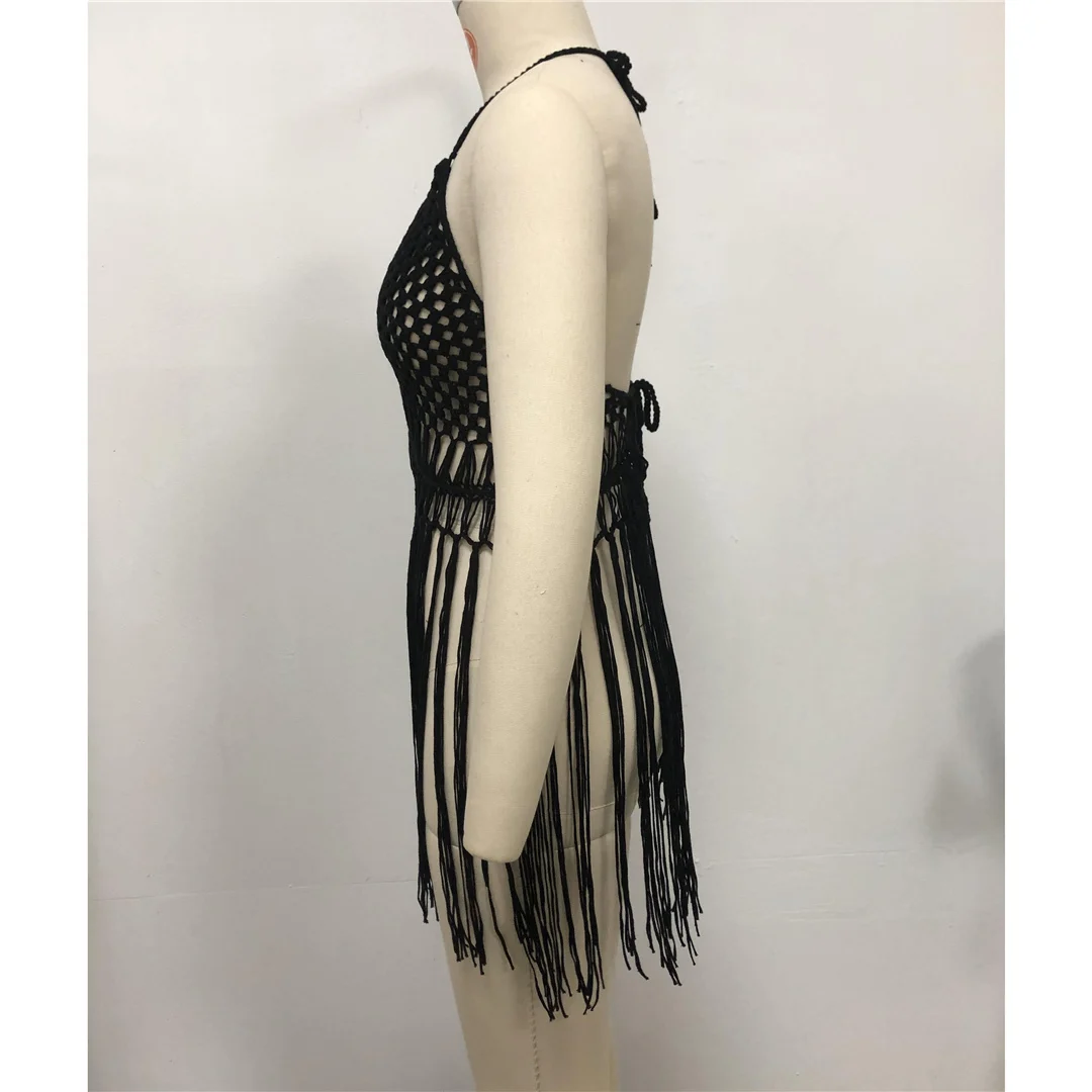 Sexy, langes, mit Fransen versehenes, gehäkeltes, gestricktes Tunika-Oberteil, Strandkleid, Strandmode, Strandbekleidung, Strand-Cover-up, Damen, V5573 – Detail 17