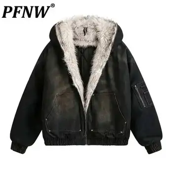 Pfnw Menswear Thickened Denim Quilted Padded Jackets Autumn Winter Trend Oversized Fur