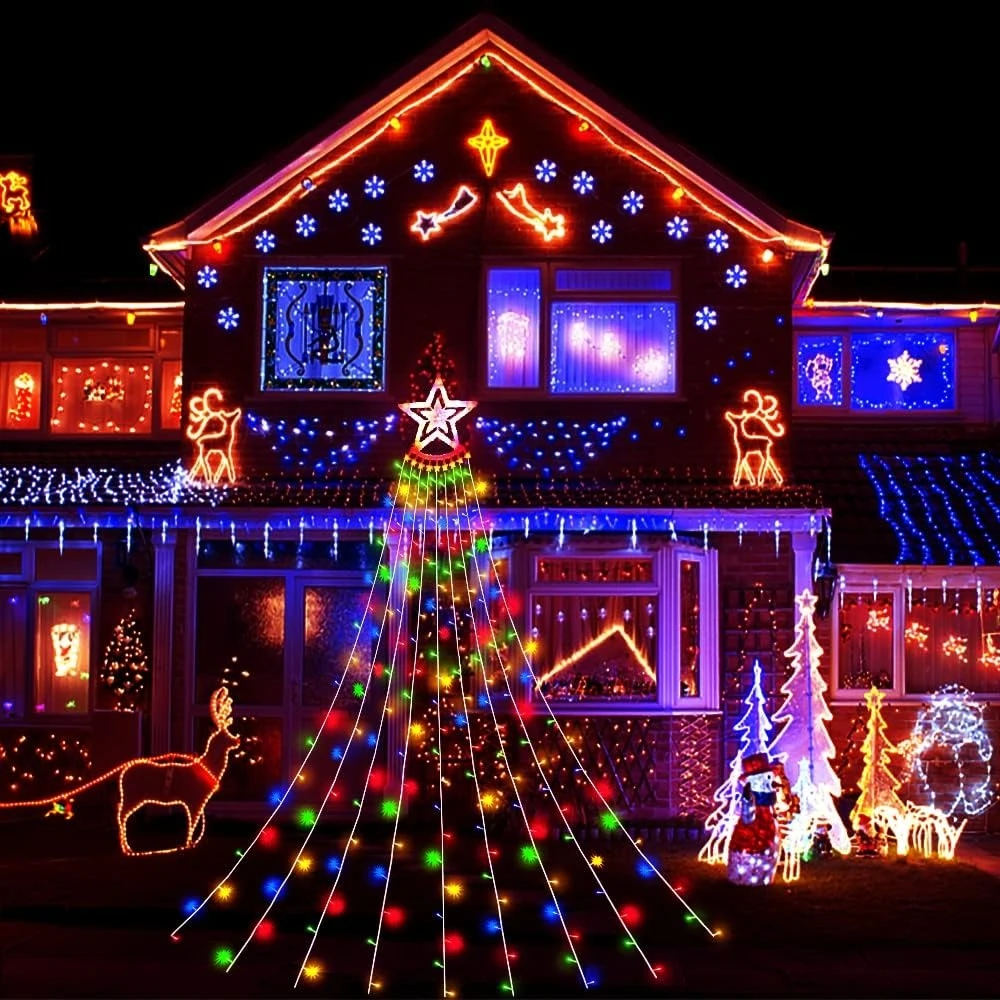 LED الخماسية نجمة شلال ضوء الاتحاد الأوروبي التوصيل في الهواء الطلق فناء ضوء السماء المرصعة بالنجوم السنة الجديدة عيد الميلاد جو ضوء الزخرفية