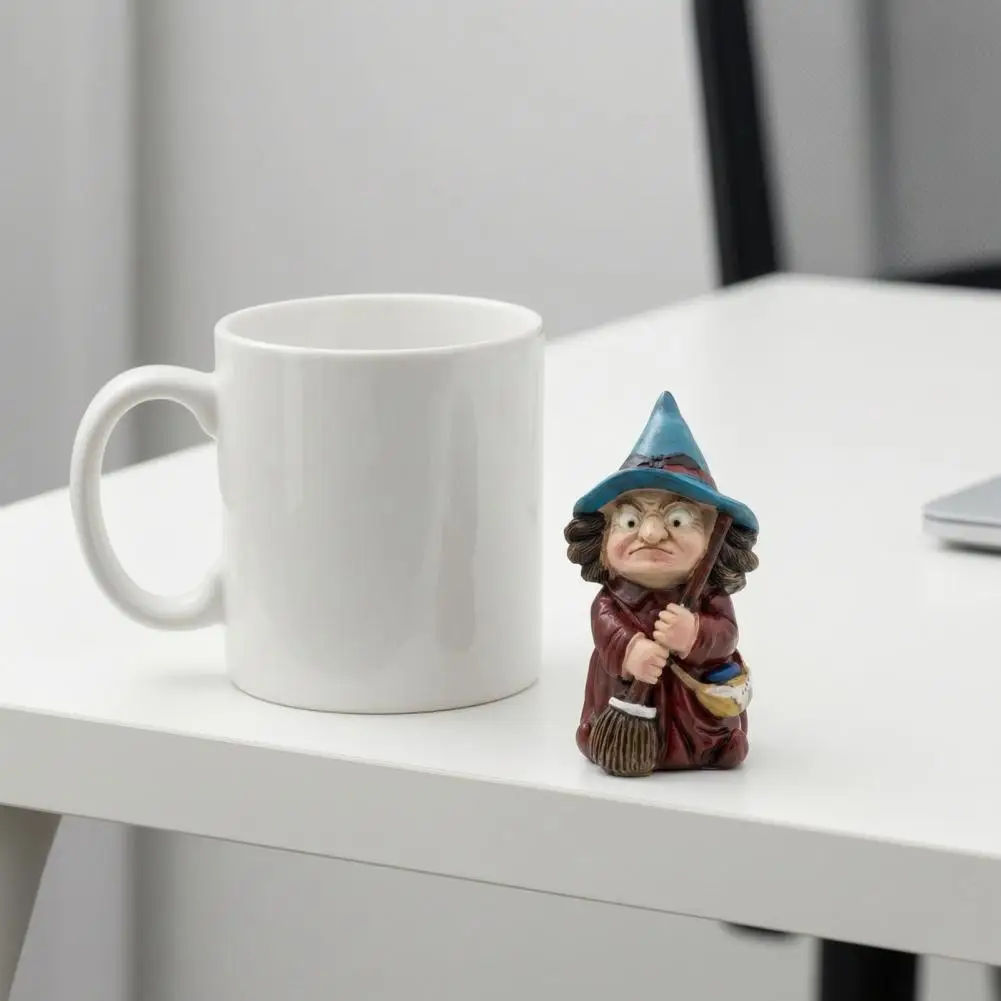 Halloween Witch Ornament Hand-painted Halloween Figure Witch on Broomstick Resin Figurine Halloween Gnome Statue with for Shelf