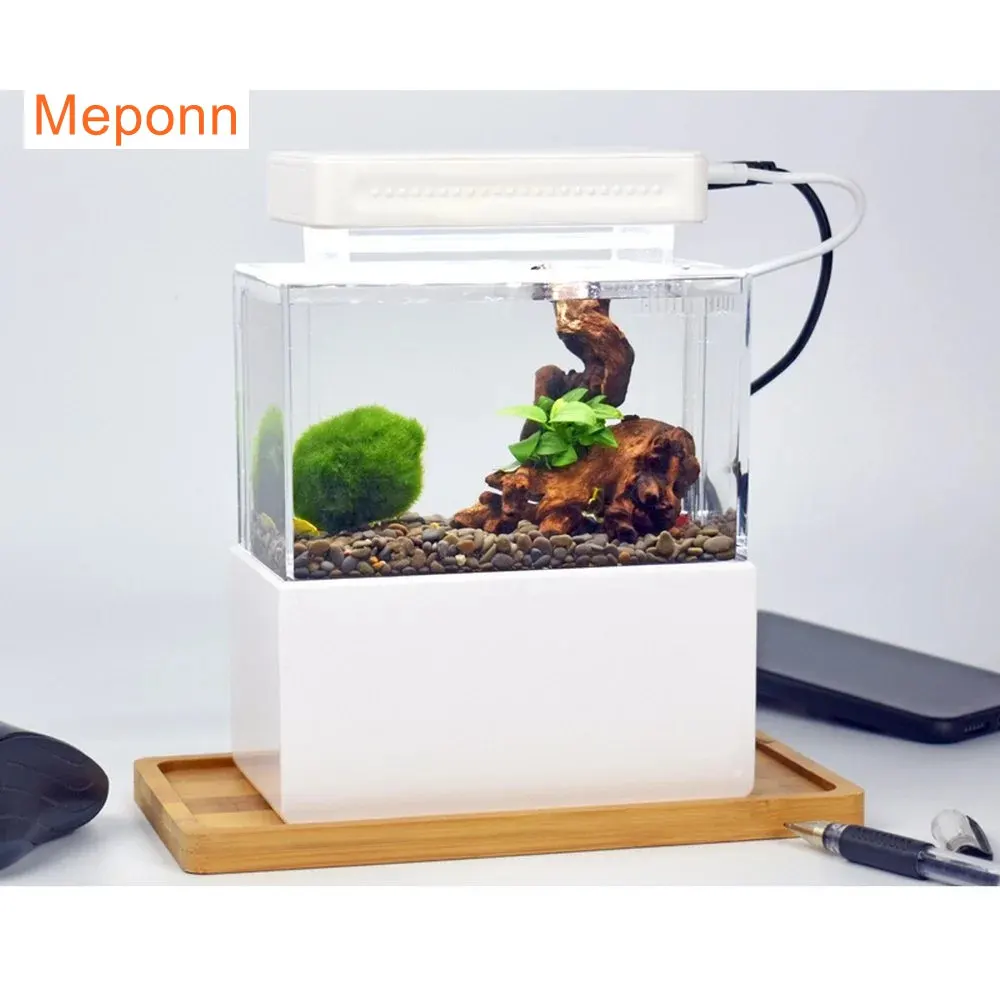 1.5L Mini Betta Fish Tank Aquarium Desktop Decorations Marine Aquaponic Fishes Bowl With Water Fliter USB Air Pump LED Light