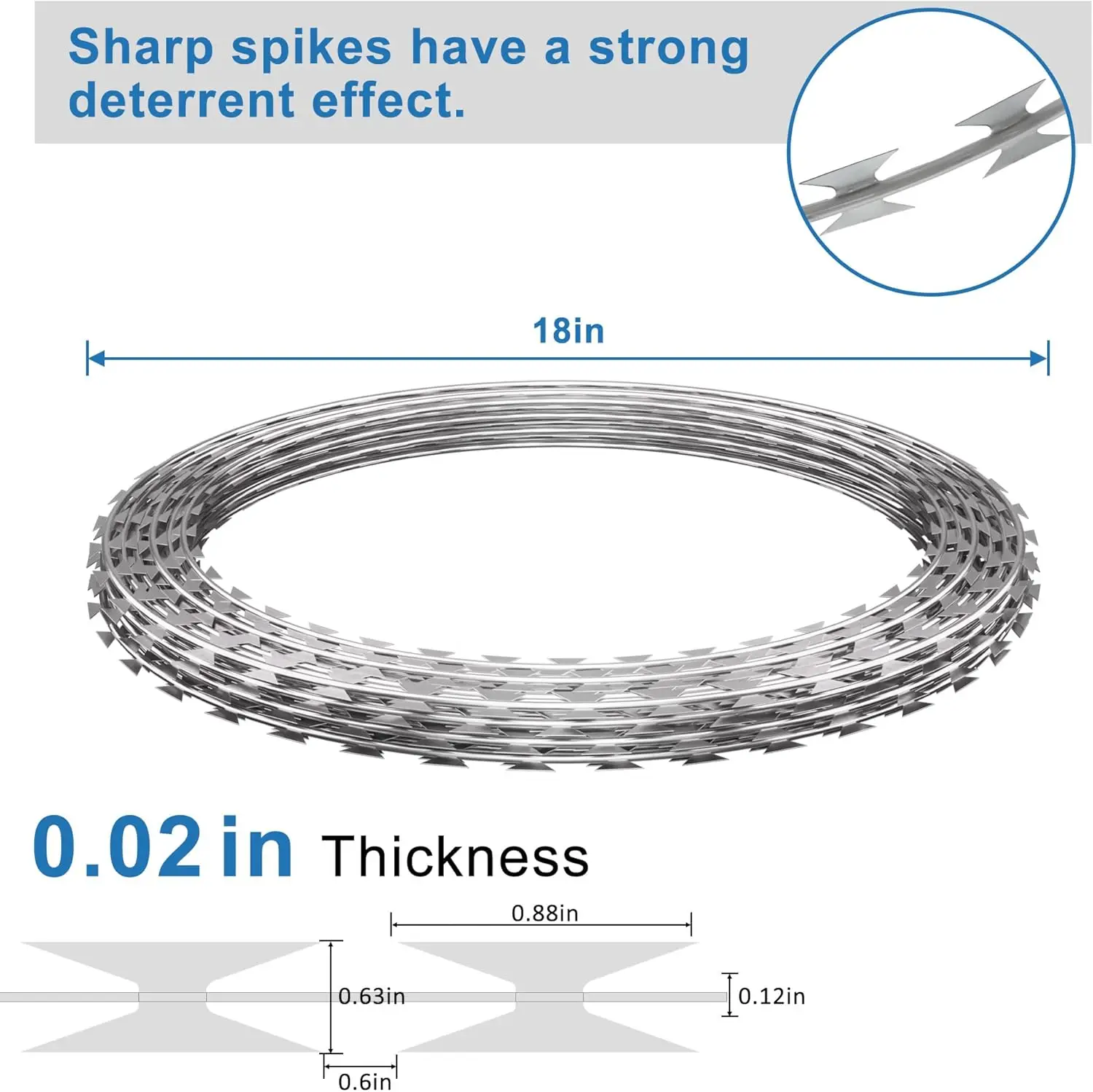 Silver Galvanized Razor Wire for Garden, Farm, Factory Security - 296ft, 6 Rolls with Pliers and Gloves