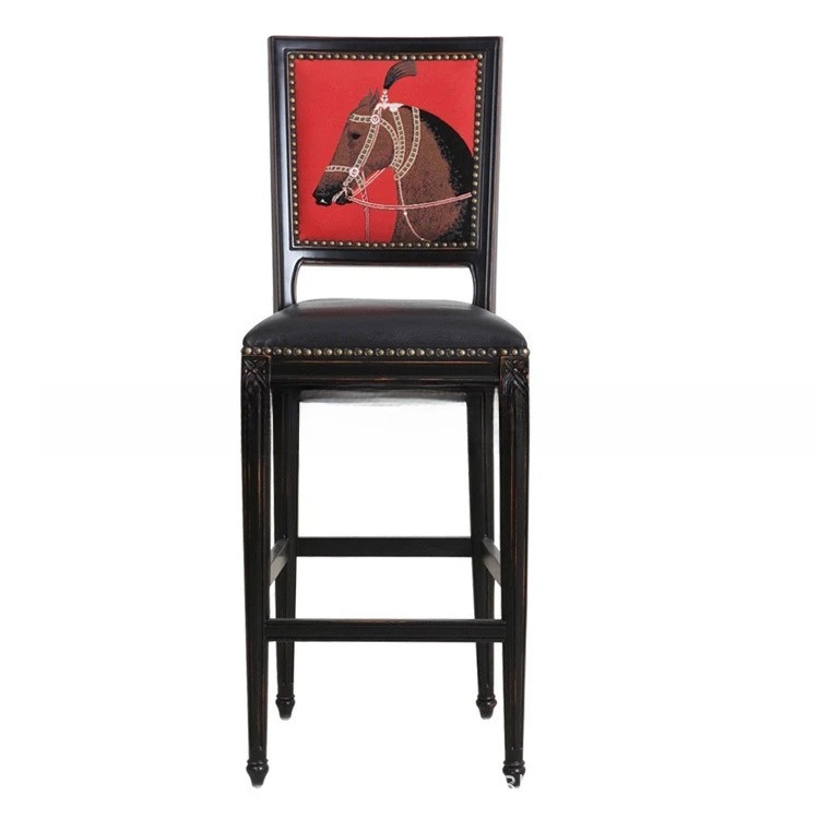 

American solid wood bar chair furniture bar retro old leather soft bag log oak bar chair