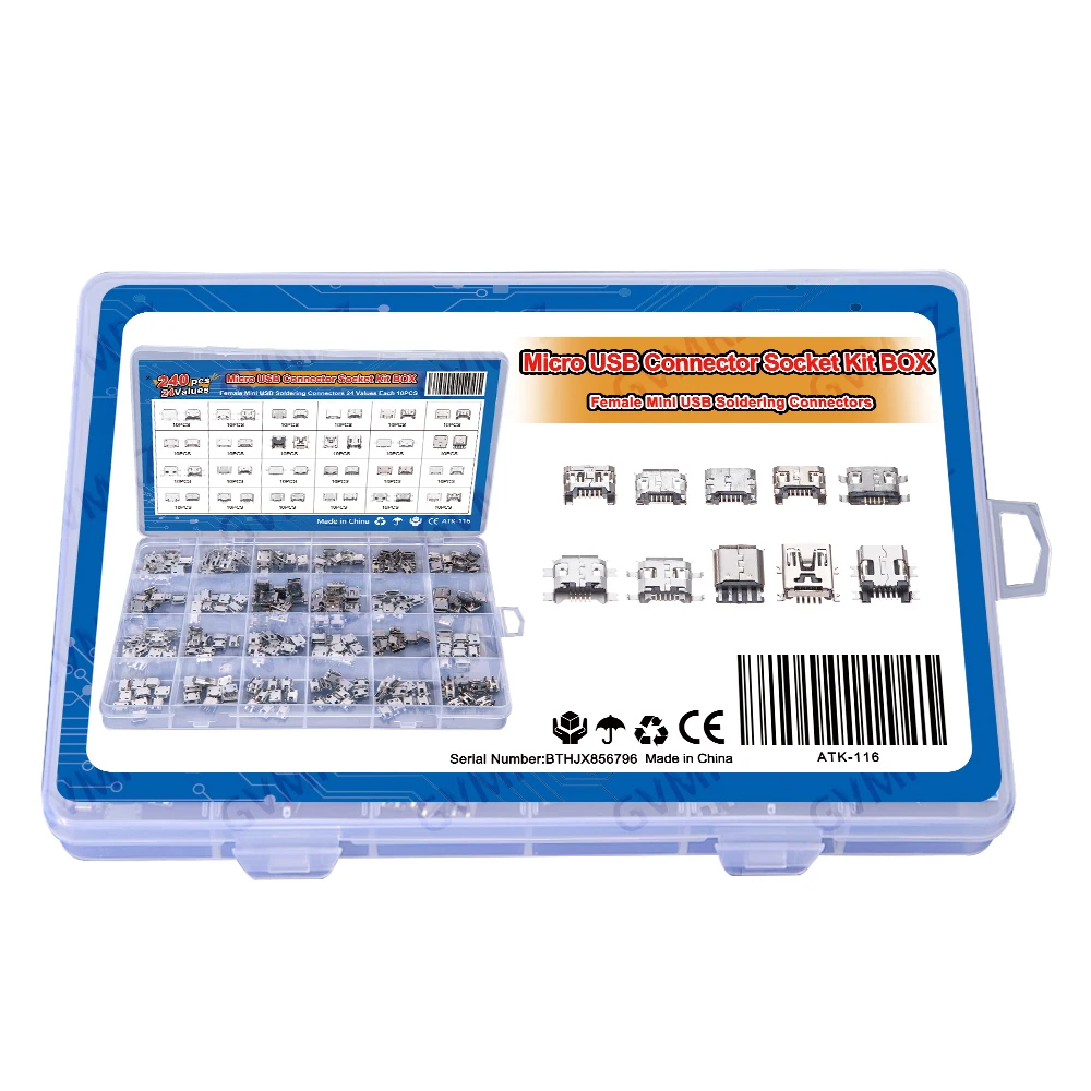 240Pcs/box Micro USB Connector Kit 24 Models Female Mini Usb Soldering Connectors Diy For MP3/4/5 Samsung SMD DIP Socket Kit