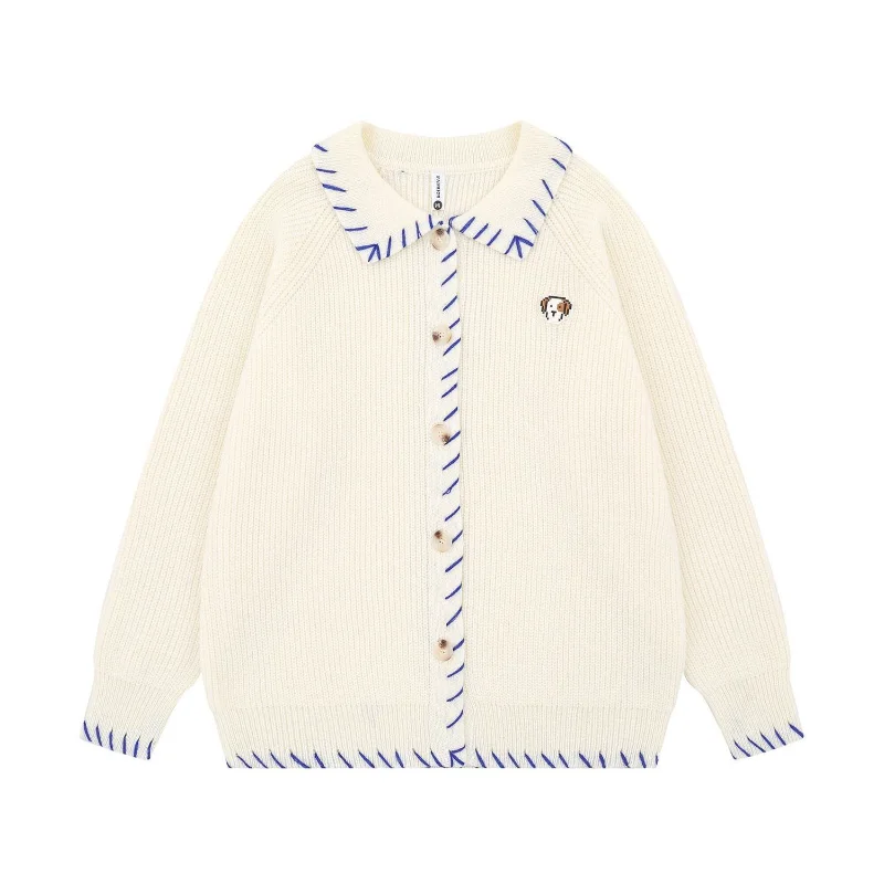 Women's Clothing American Retro Lapel Cardigan Knitted Autumn Winter Patch Designs Fashion Loose Bright Line Decoration Sweaters