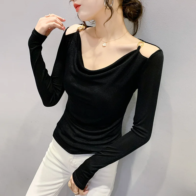 

#8164 Black Green Long Sleeve T Shirt Women V-neck Off Shoulder T Shirt Sexy Casual Stretch Women's T-shirt Thin Korean Style