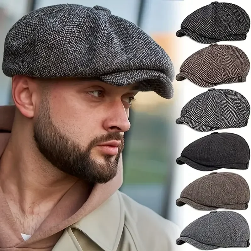 Wool Newsboy Caps Men Herringbone Flat Caps Gatsby Cap Woolen Driving Hats Vintage Inspired Hat Winter Peaky Blinders