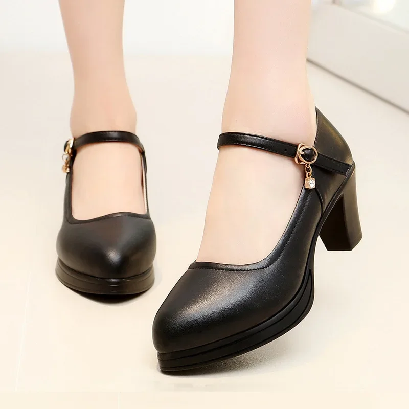 Small  Size 33 44 Women's Genuine Leather Shoes 2022 Spring Block Med Heels Pumps Women Platform Shoes Black for Office