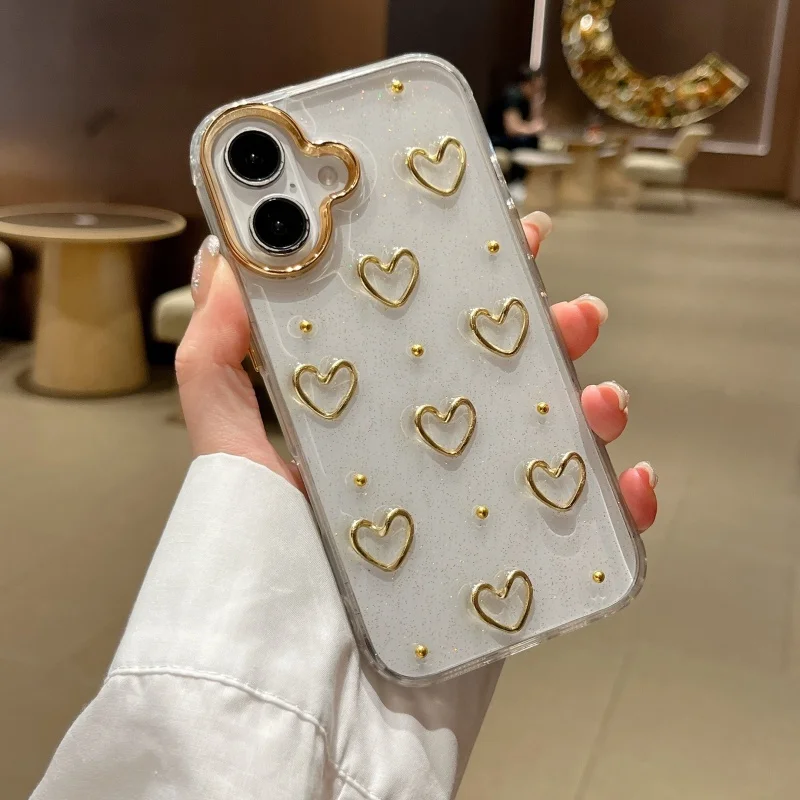 Koreanische süße 3D Gold Metall Liebe Herz Epoxy Glitter Telefon Fall für iPhone 16 15 14 13 Pro Max 16 Plus Mädchen Bling klar Soft Cover