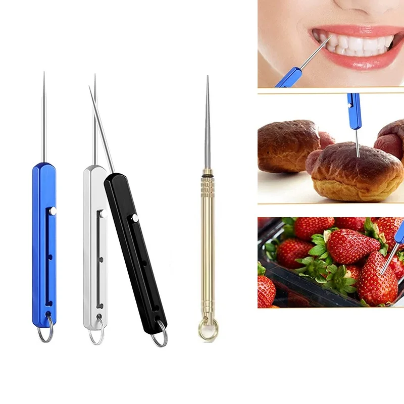 Portable Titanium Alloy Retractable Toothpick EDC Pocket Gadget Outdoor Camping Fruit Pick with Keychain