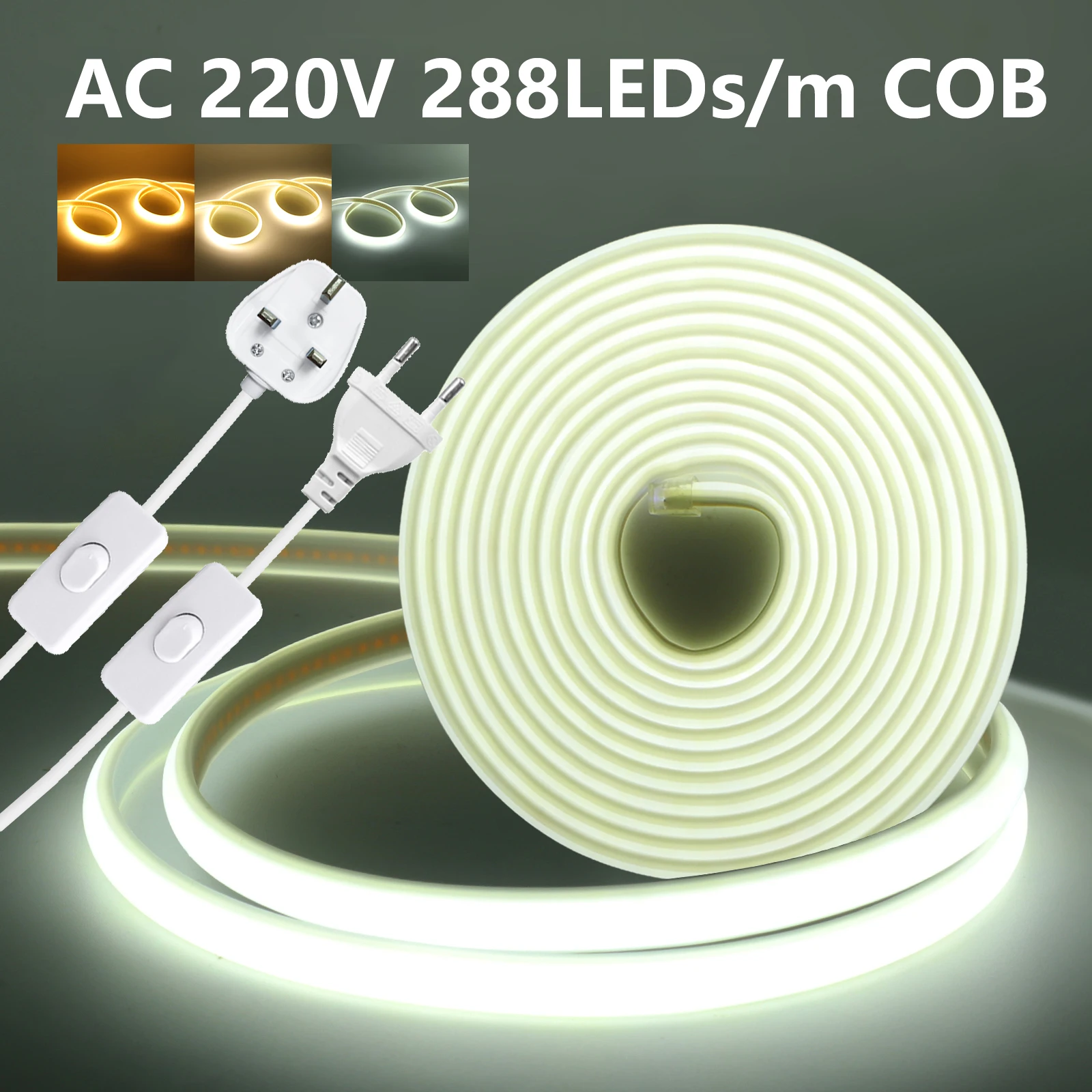

Светодиодная лента COB 220 В с переключателем и вилкой, 288 светодиодов/м, неоновая веревочная лента, водонепроницаемая гибкая лента для кухонного шкафа, домашнего декора сада