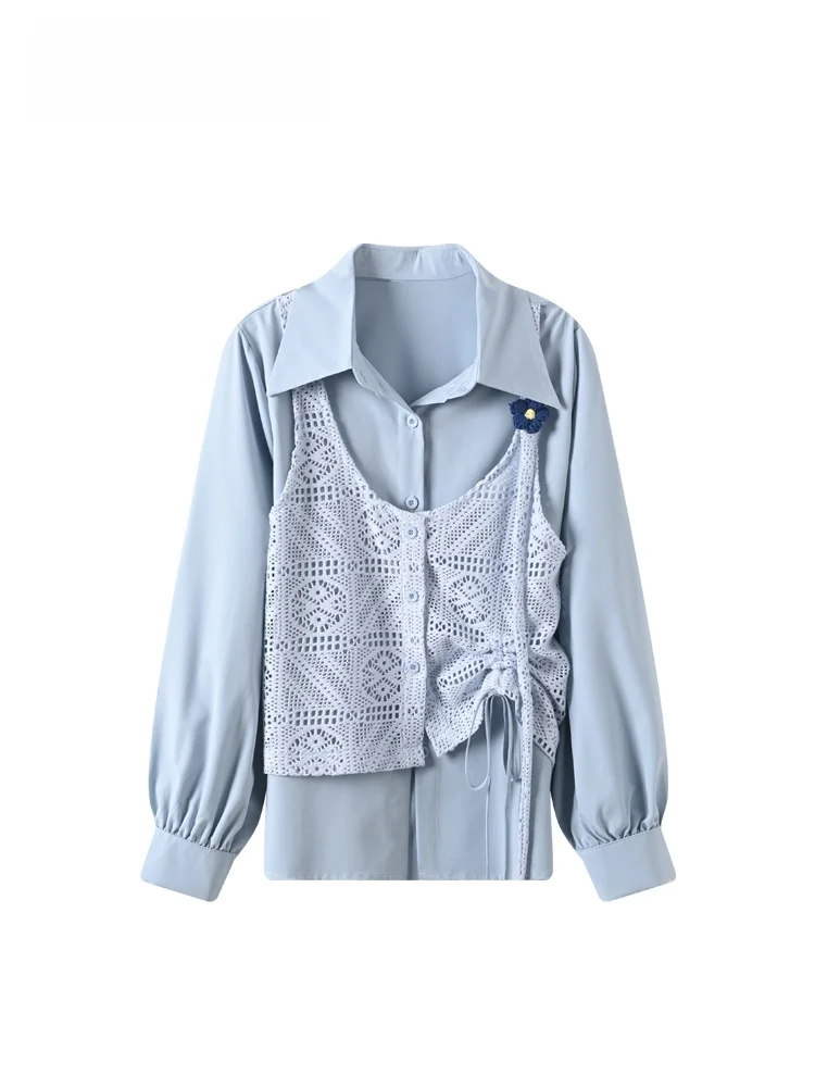 

plus Size Women's Ne Long Sve irt Autumn Winter New Sle Design Sense Fake Two-Piece Top Cotton Sweet Sle