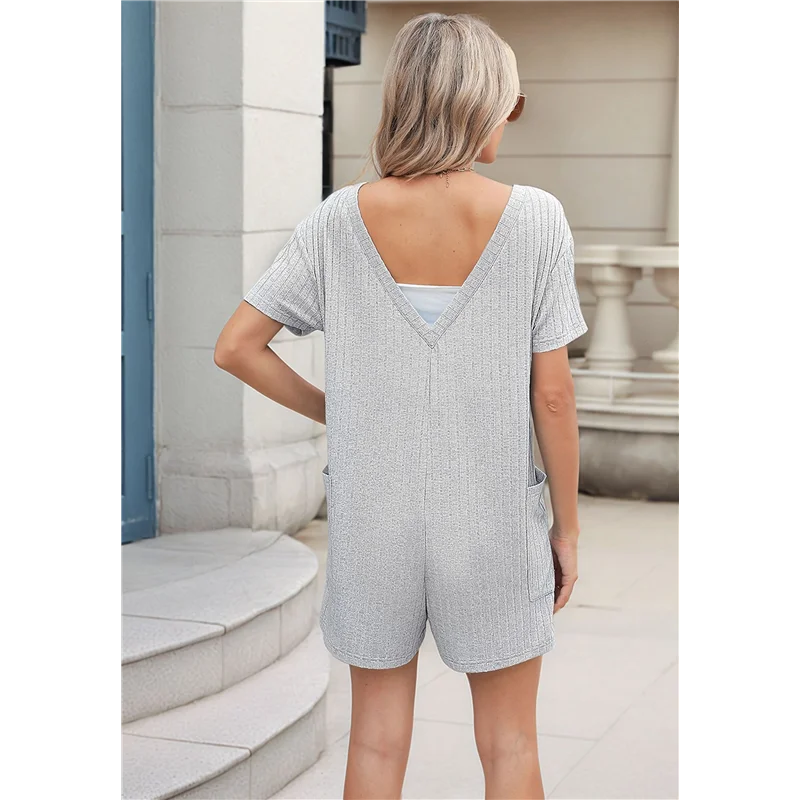 A09P femmes été à manches courtes barboteuse ample décontracté col en V Shorts salopette dames habillées confortables combinaisons avec poches