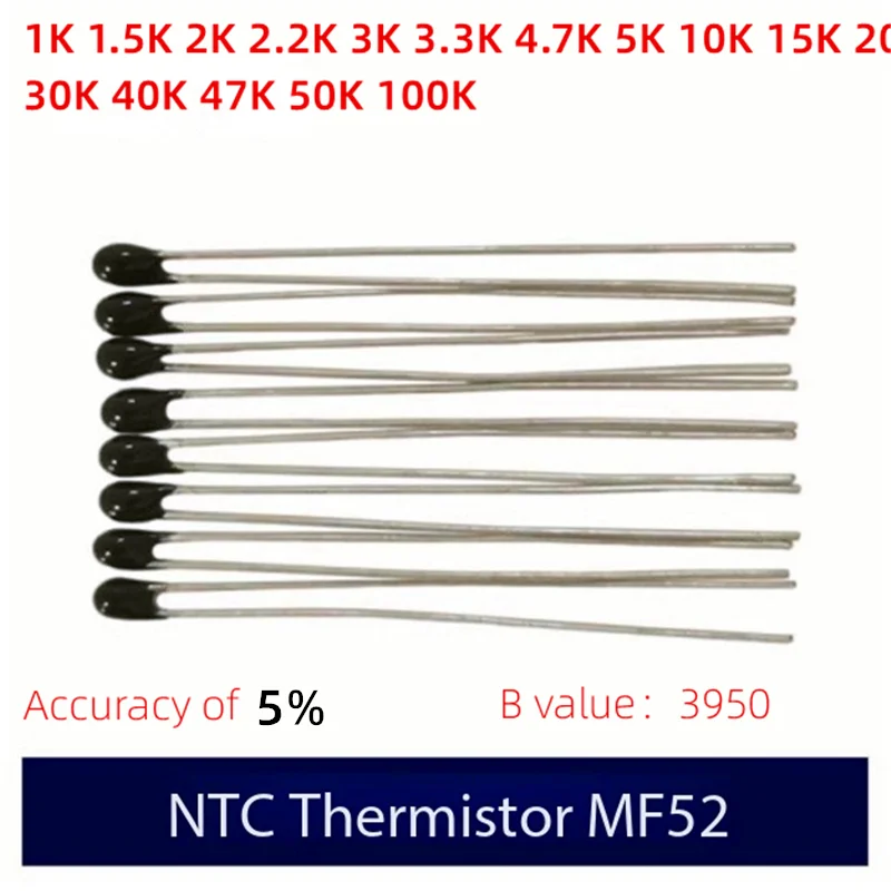 20PCS NTC-MF52AT MTC Thermistor MF52 1K 1.5K 2K 3K 3.3K 4.7K 5K 10K 15K 20K 30K 40K 47K 50K 100K  Accuracy5% B value 3950