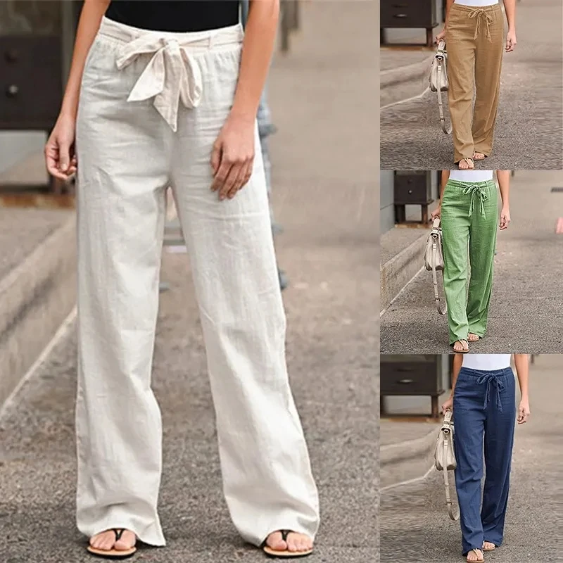 

Women Retro Cotton Linen Pants Fashion Solid Color Elastic Waist Loose Straight Pants Female Summer Ankle-Length Casual Trousers