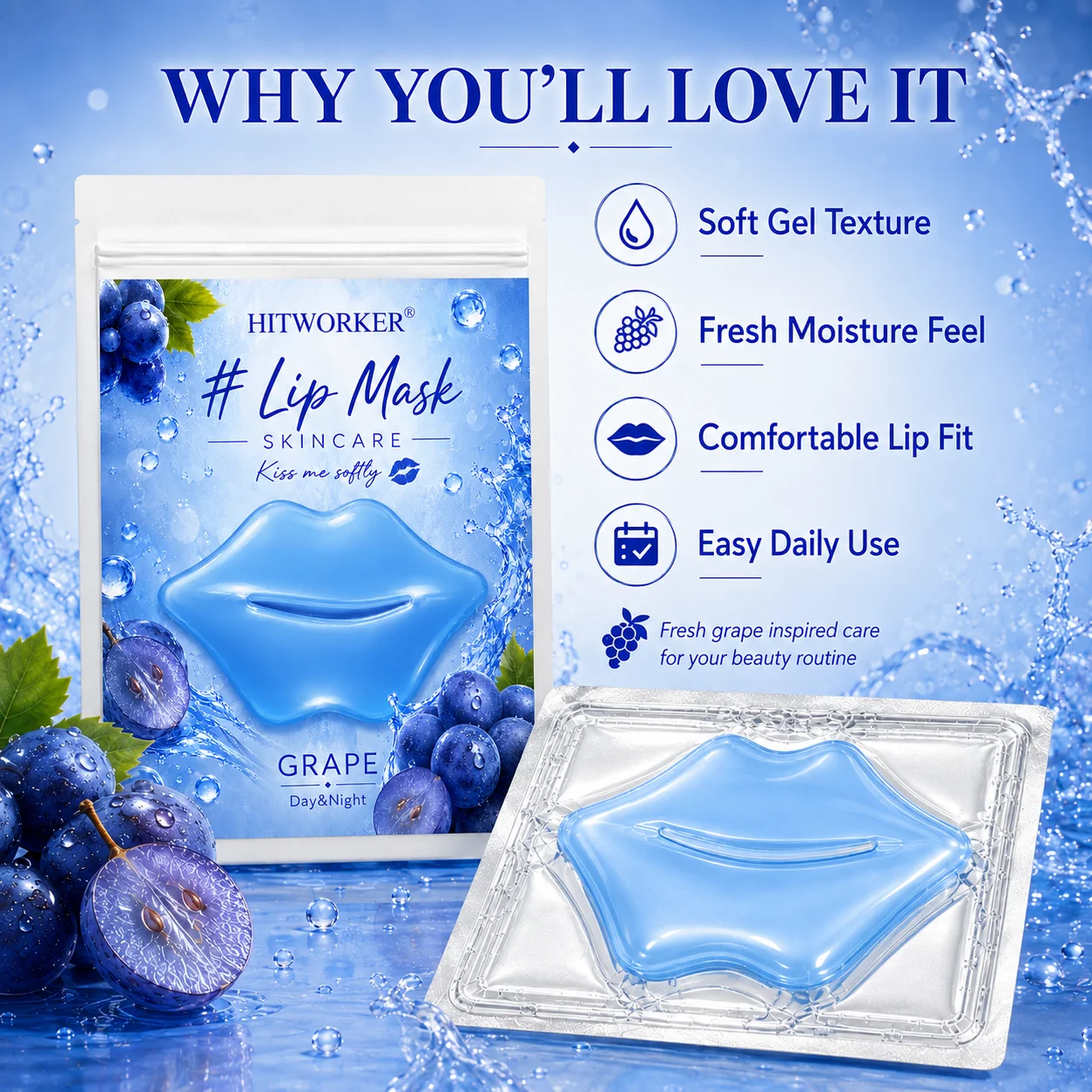 10Pcs Grape Lip Skincare Masks, Soft-Touch Lip Care Patches for Daily Beauty Routine, Self-Care and Travel